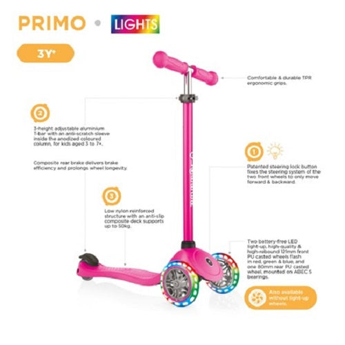 Globber Primo V2 Lights/Griptape 3 Wheel Folding Scooter Emerald Green/Mint