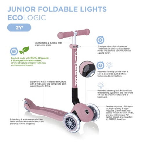 Globber Ecologic Junior Lights 3 Wheel Folding Scooter details