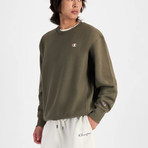 Champion Mens Reverse Weave Small Logo Fleece Crew Sweat Cargo Olive
