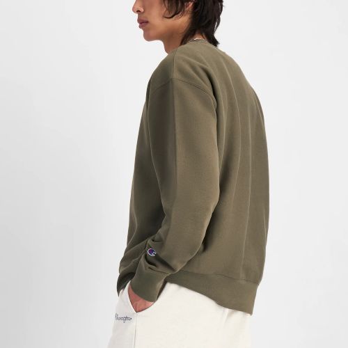 Champion Mens Reverse Weave Small Logo Fleece Crew Sweat Cargo Olive
