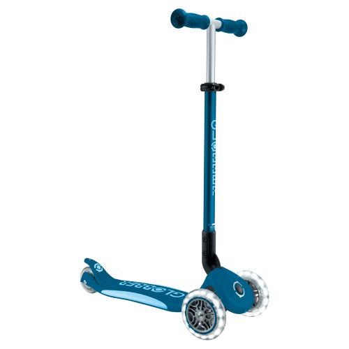 Globber Elite Primo Fold Plus Lights 3 Wheel Scooter Petrol Blue/Light Blue