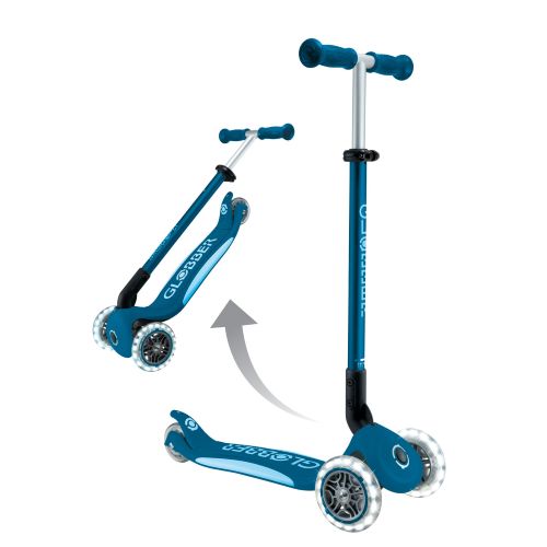 Globber Elite Primo Fold Plus Lights 3 Wheel Scooter Petrol Blue/Light Blue