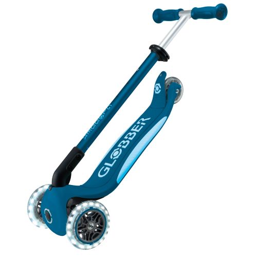 Globber Elite Primo Fold Plus Lights 3 Wheel Scooter Petrol Blue/Light Blue