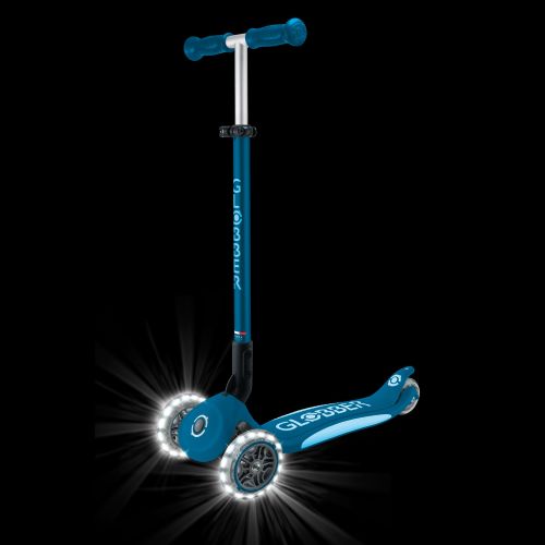 Globber Elite Primo Fold Plus Lights 3 Wheel Scooter Petrol Blue/Light Blue