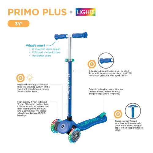 Globber Primo Plus Lights 3 Wheel Scooter Navy/Emerald Blue