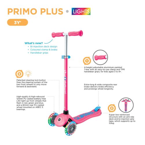 Globber Primo Plus Lights 3 Wheel Scooter Fuchsia Pink/Sky Blue