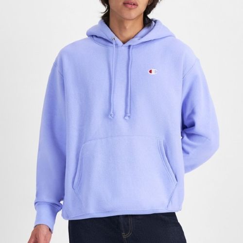 Champion Mens Reverse Weave Small Logo Fleece Hoodie Pewter Blue
