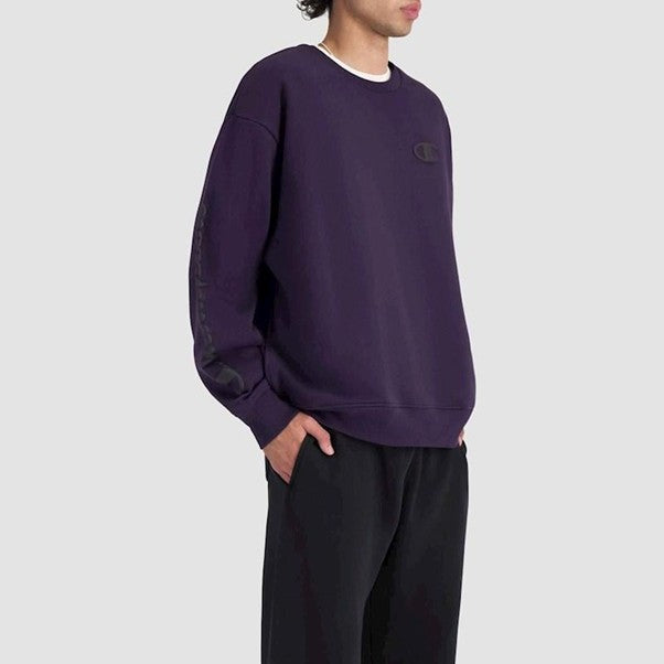 Champion Mens Puff Script Crew Sweat Dark Eggplant