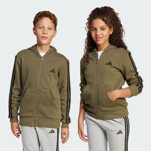 Adidas Kids 3 Stripes Fleece Hooded Jacket Olive Strata/Black