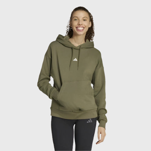 Adidas Womens Small Logo Feel Cozy Hoodie Olive Strata/White