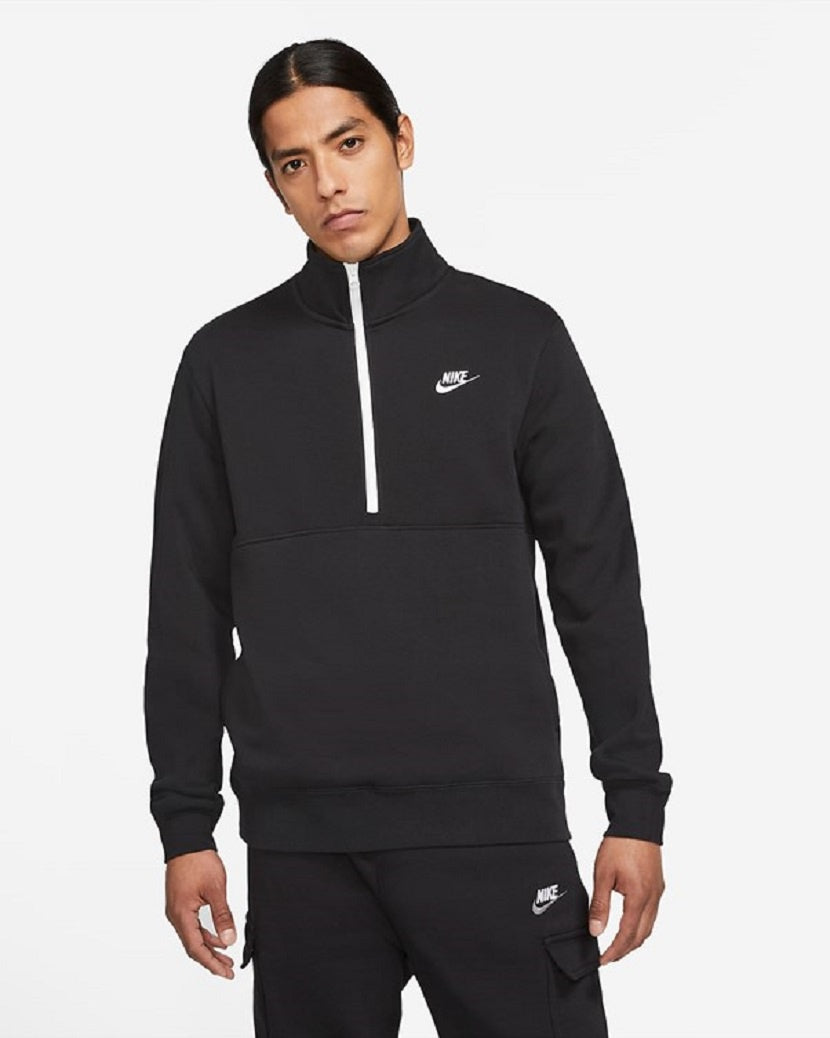 Nike Mens Club Brushed Back Half Zip Long Sleeved Top Black/White