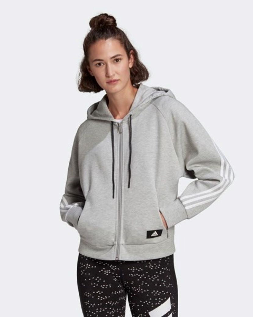 Adidas Womens Wrapped 3 Stripes Hooded Jacket Medium Grey/White
