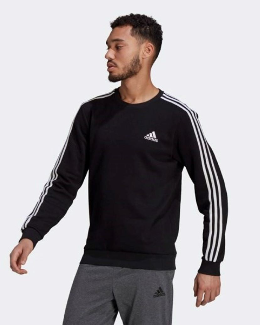 Adidas Mens 3 Stripes Fleece Crew Sweat Black/White