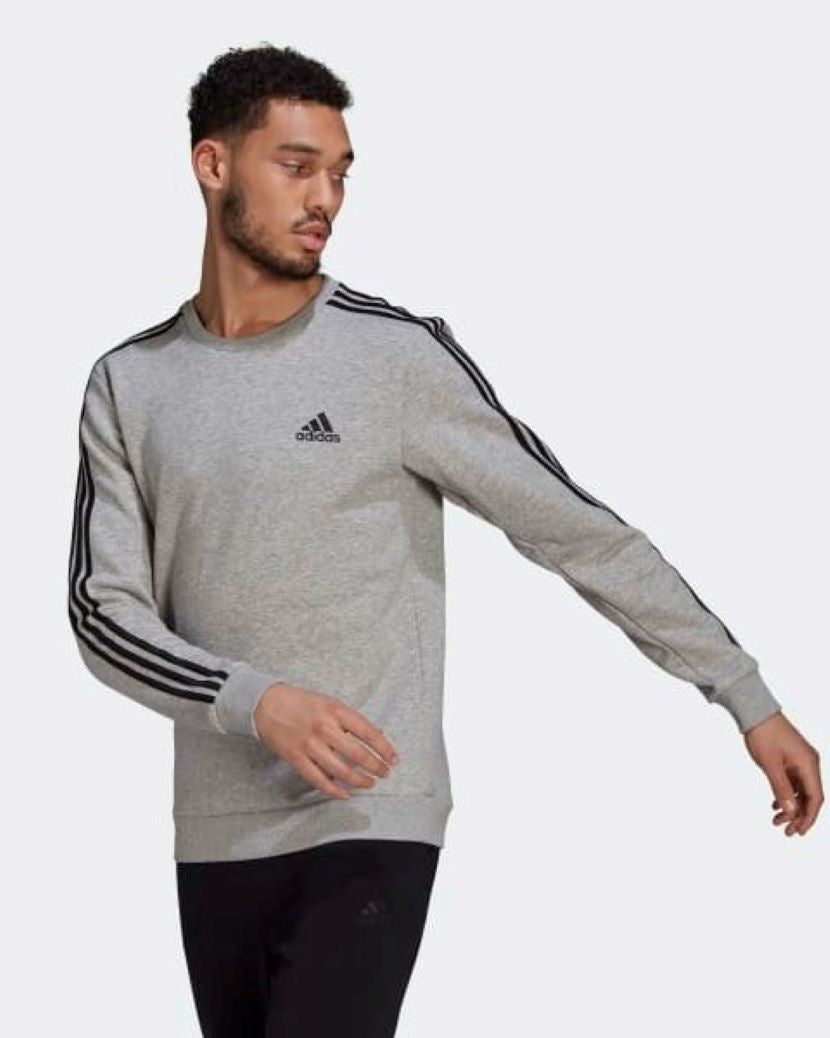 Adidas Mens 3 Stripes Fleece Crew Sweat Medium Grey/Black