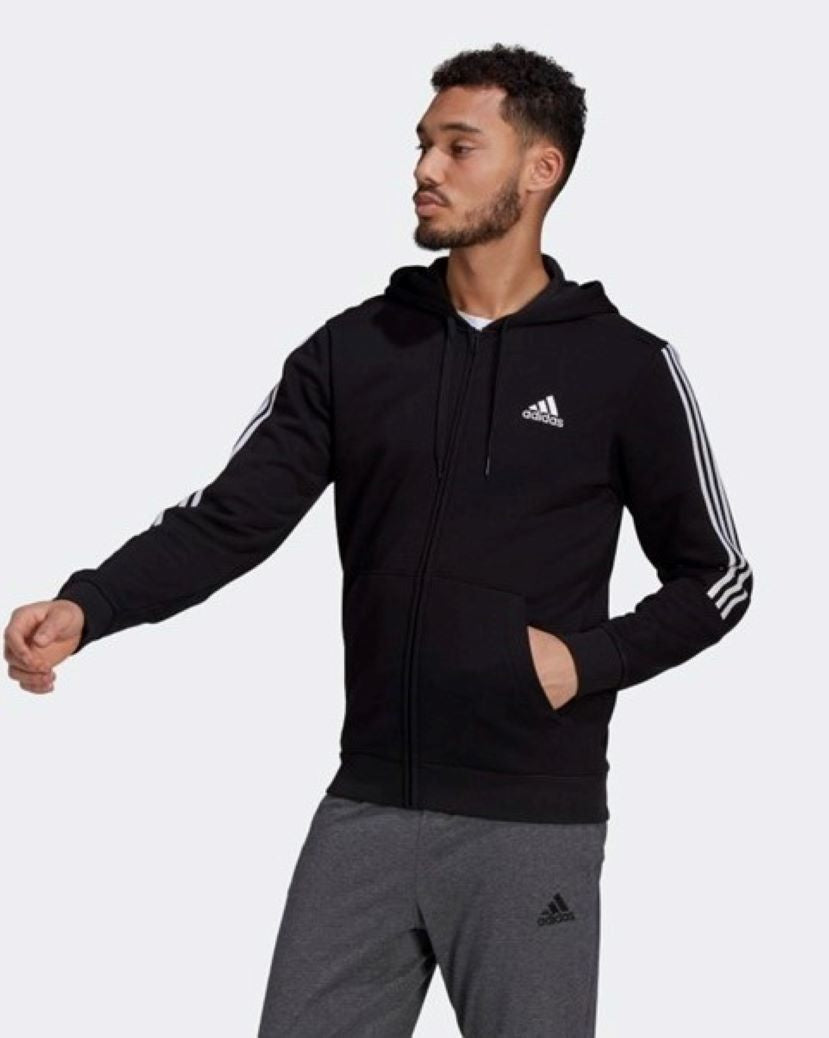 Adidas Mens Fleece Cut 3 Stripes Hooded Jacket Black/White