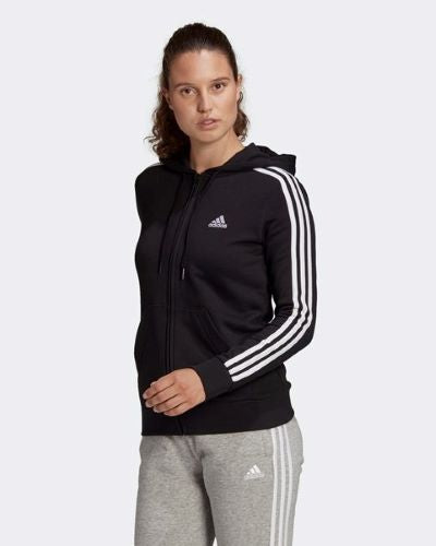 Adidas Womens 3 Stripes French Terry Hooded Jacket Black/White