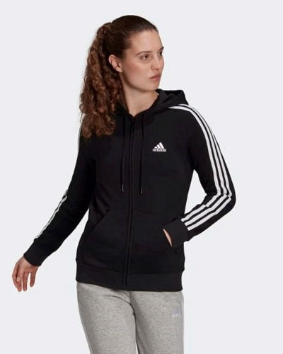 Adidas Womens 3 Stripes Fleece Hooded Jacket Black/White