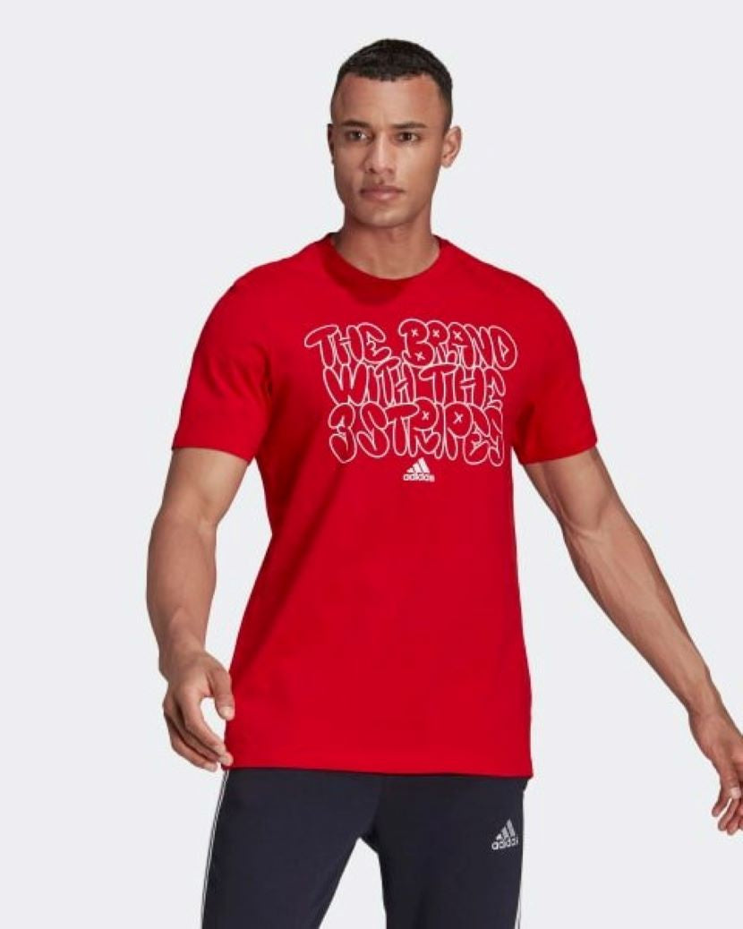 Adidas Mens 3 Stripes Doodle Graphic Tee Scarlet/White