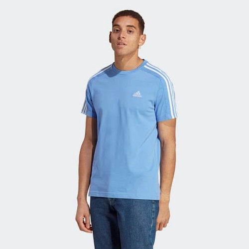 Adidas Mens 3 Stripes Single Jersey Tee Blue Fusion/White